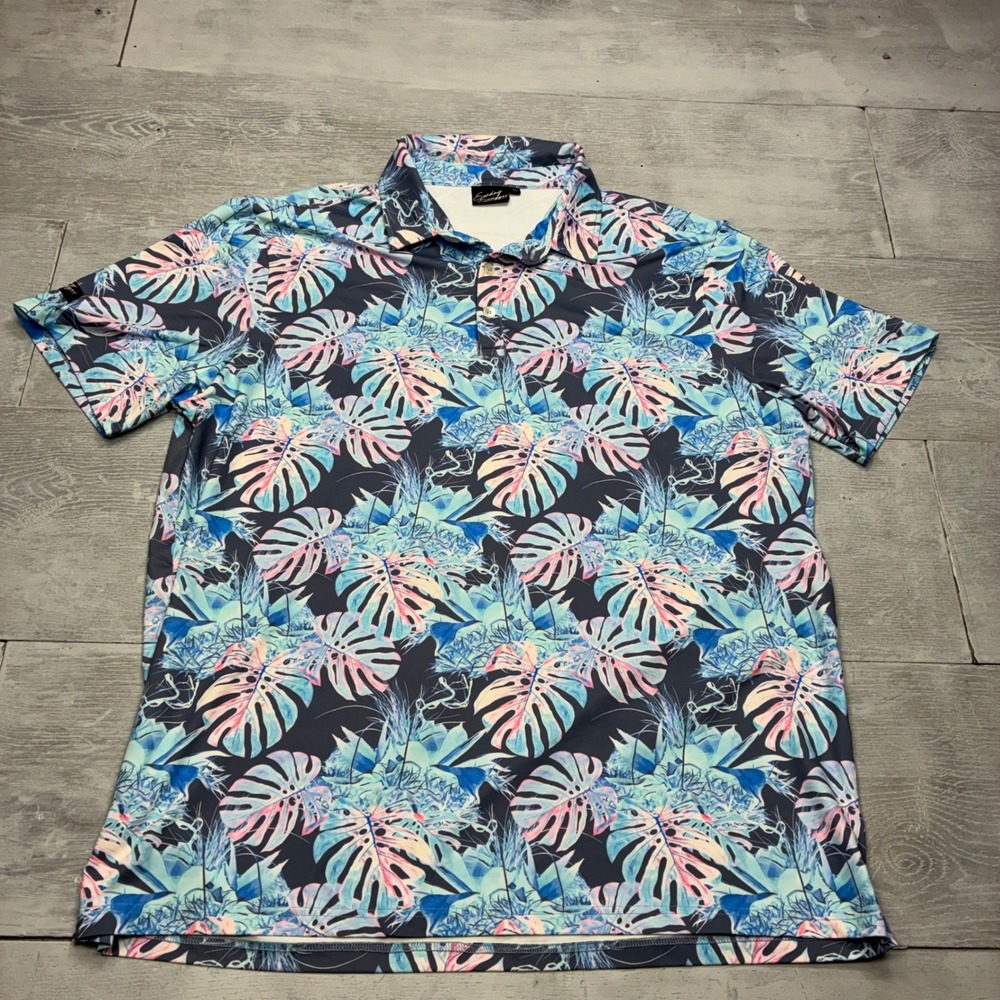 Sunday Swagger Golf Polo Mens XL Blue Pink Tropical Monstera Leaf Performance